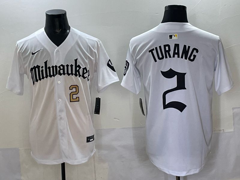 Men 2025 Milwaukee Brewers #2 Turang White Five generations Joint Name Nike MLB Jersey style 3